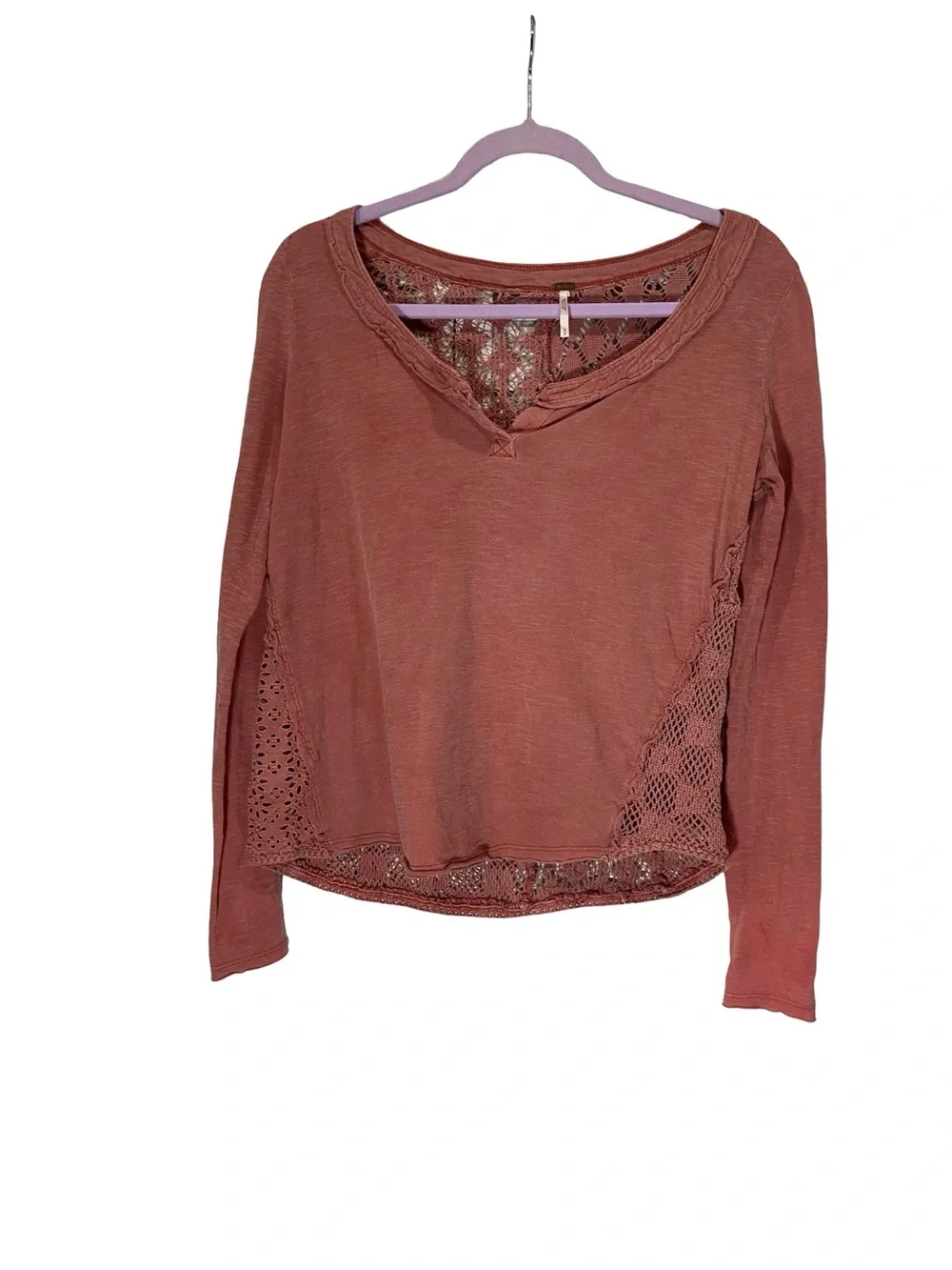 Free People Boho Long Sleeve Top Crochet Lace Inset Back Side Panels Dusty Rose
